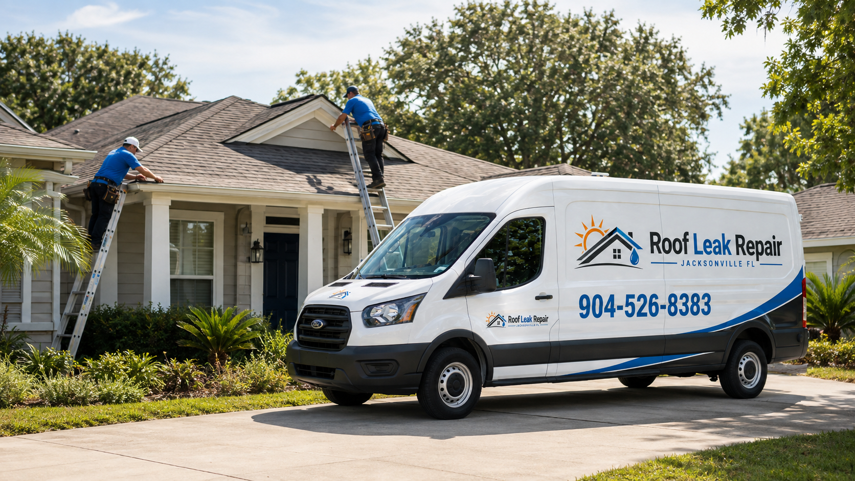 Roof repair technician working on a Jacksonville, Florida home