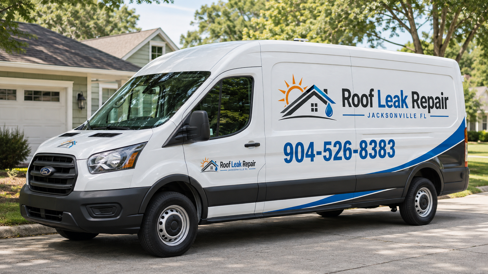 Roof Leak Repair Jacksonville Fl service van marked with the phone number 904-526-8383
