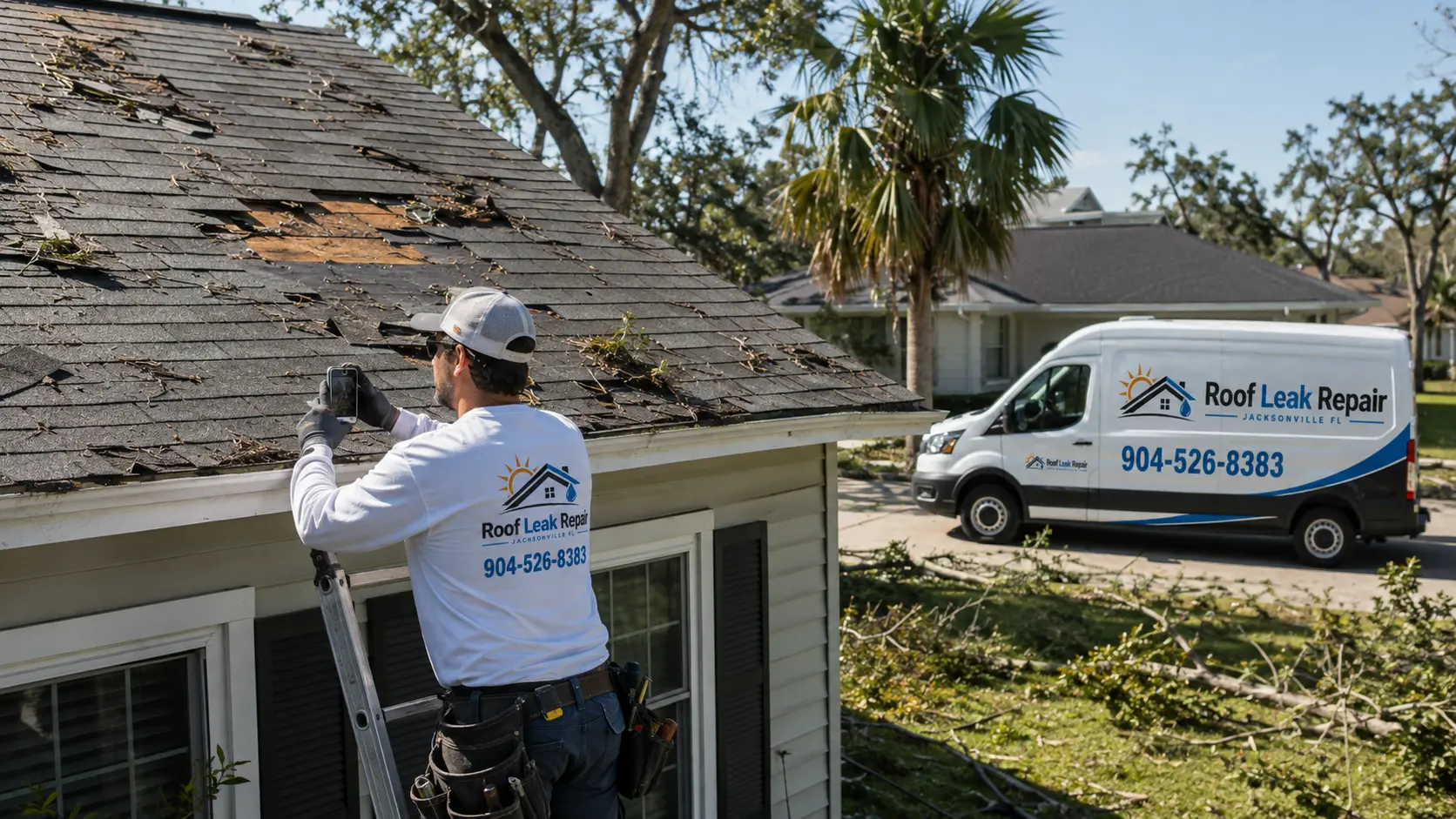 Roofer photographing damaged shingles from a ladder beside a branded Roof Leak Repair Jacksonville Fl van in Jacksonville, Florida